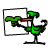 Pixelated green bird-like creature with orange beak holds black-and-white framed image showing smaller version of itself, standing on single leg base.