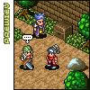 Pixel art scene with three characters: one blue-haired figure in purple and yellow, a green-haired character holding a sword, and a red-armored figure with gray hair; background includes trees, a chest, and stone walls.