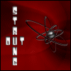 Red background with vertical 'STRONG' text and atomic symbol; animation shows atom orbiting path changing from black to silver.