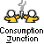 Two pixelated figures in yellow shirts hold a smoking test tube between them above text reading 'Consumption Junction' on gray background.