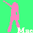 Pixelated pink figure with green background, one arm raised diagonally upward and leftward, standing above partial white text reading 'Mac' on a solid bright green backdrop.