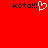 Red background with black text 'kota!!!' on left and right, white pixelated heart replacing the third exclamation mark on left.