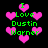 Pixelated green text reading "I Love Dustin Warner" surrounded by pink hearts on a black background.