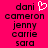 A bright pink background displays a vertical list of names with one name having a white heart symbol above it, all in pixelated black text.