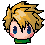 Pixel art contact sheet of three animated frames showing a chibi-style character with blonde hair and blue eyes in different poses.