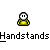 Pixelated character with white face and yellow clothing performing handstands in a , repeating text "Handstands" below each pose