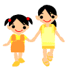 Two cartoon girls holding hands, one in orange overalls with red hair ties, the other in yellow dress with black hair, both smiling with yellow shoes on gray background.