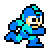 Four pixel art frames of a blue and cyan armored character with yellow face, white eyes, black pupils, and black outlines against gray background.