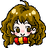 Four pixel-art depictions of a character with brown curly hair and a red-and-gold striped scarf against a gray background, showing two distinct facial expressions.