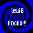 Four identical blue spiral patterns with black outlines, each containing white text reading 'Levi B Rocks!!!' in a pixelated font.