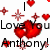 Pixelated red heart cluster with black text 'Love you Anthony' surrounded by smaller red hearts and plus signs on white background.