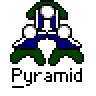 Two identical pixel art pyramid-shaped character icons with green arms and legs, blue torso, white hands/feet, and a white circular head on gray background, each labeled "Pyramid" below, with red text "badass buddy .com" in top-right corner.