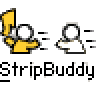Animated contact sheet showing two frames of a pixel art buddy icon with stick figures, text elements, and red website branding on gray background.