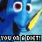 Pixelated blue fish with large eyes and yellow fin, holding a yellow object, against light blue background with text "YOU ON A DIET!" at bottom.