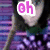 Anime-style character with long dark hair and green eyes, wearing a purple patterned top against striped background; text overlays change across frames.