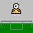 Pixelated yellow figure with white circular head performs sequential hand gestures against gray and green background, including raised hands, thumbs-up, and seated pose.