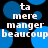 Static image with blue circular shapes on black background and white text reading 'ta mere manger beaucoup' repeated twice.