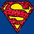 A red and yellow Superman shield icon with a pixelated texture, displayed on a blue background in three distinct states showing subtle variations.