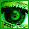 Green-toned close-up of a human eye with a black pentagram symbol in the pupil, framed by a solid green border.