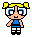 Pixel art character with yellow pigtails, blue top, white shorts, and black shoes in three distinct poses.