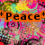 *Peace* and *Love* text with symbols above a face, transitioning to *Happiness* text with smiley below; vibrant psychedelic background.