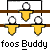 Animated sequence of yellow cartoon figures with white heads, each holding a black ball, positioned above text reading 'foos Buddy' on a gray background.