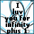 Pixelated text reads "I love you for infinity plus 1" with blue and gray abstract lines on white background.