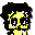 Pixelated character with black hair, yellow and white checkered face, blue eye detail, and black clothing in four variations.
