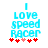 Pixelated blue text "I love speed racer" above red and pink heart symbols on white background.