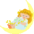 A pixelated figure with long brown hair and a flower crown lies on a yellow crescent moon, holding green-and-pink flowers while stars float around.