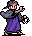 Pixel art character in purple robe and gray cloak with brown hair, holding a circular object with blue and white segments.