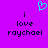 A purple background with a cyan heart symbol above two identical text blocks reading "i love raychael" in black pixelated font.