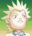 Pixelated character with spiky blonde hair and green eyes displays five distinct facial expressions against a green gradient background.