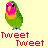 Pixelated green parrot with pink head and orange chest stands on blue feet, below red 'Tweet Treet' text on light yellow background.