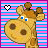 A pixelated giraffe head with brown spots and blue eyes appears against a pink-and-blue striped background, alternating between white and light blue heart symbols in the top-left corner.
