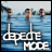 Three pixelated figures stand in blue water with a light sky background, below which white text reads DEPECHE MODE.