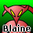 Pixelated pink alien with yellow eyes and a long nose stands against green background, text "Blaine" in blocky white letters below.