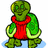 Pixelated green turtle-like character in red vest stands on blue base with text on cyan and gray backgrounds