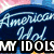 six showing American Idol contestants with overlaid text labels, featuring a blue 'American Idol' logo and five performance shots
