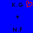 Blue background with black text K.G, N.F and plus sign arranged in a ; red pixelated heart symbol appears above the right K.G