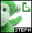 Green pixelated monkey-like figure with white face and black eye, waving arm, next to green L-shaped symbol on white background.