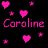 Pixelated pink hearts and stars float around the name 'Caroline' on a black background with gray corner elements.