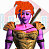 Pixelated character with red hair, purple skin, and pink chest armor holding a brown staff against a white background.