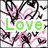 Green text reading 'Love Like You'll Never Get Hurt' over a repeating pattern of pink and black heart shapes on white background.