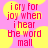 Pixelated text on pink background with yellow circular shapes, reading 'i cry for joy when i hear the word mall' in red letters.