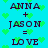 Pixelated text on cyan background with green hearts; 'ANNA + JASON = LOVE' repeated twice in two , each showing a frame where the second 'JASON' is partially obscured by a heart