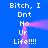 Blue background with white pixelated text reading "Bitch, I Dnt No Ur Life!!!!" arranged in a pattern and animated pink light trails forming a square