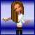 Pixelated cartoon woman with long brown hair, white shirt, black pants, and closed eyes stands against blue gradient background.