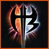 A stylized black symbol resembling a cross with curved extensions, set against a dynamic background of orange and blue light rays on a dark backdrop.