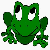 Green pixelated frog with large eyes and a smile on white background, next to multiple variations of 'i love frogs' text in green and white blocky fonts.